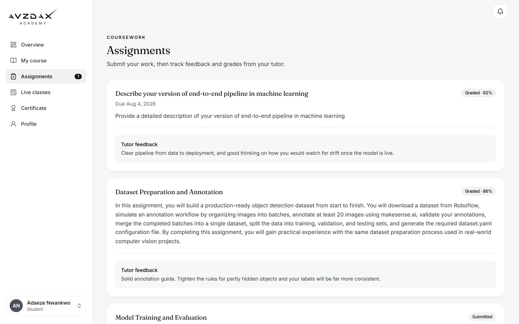 Assignments with tutor feedback and grades