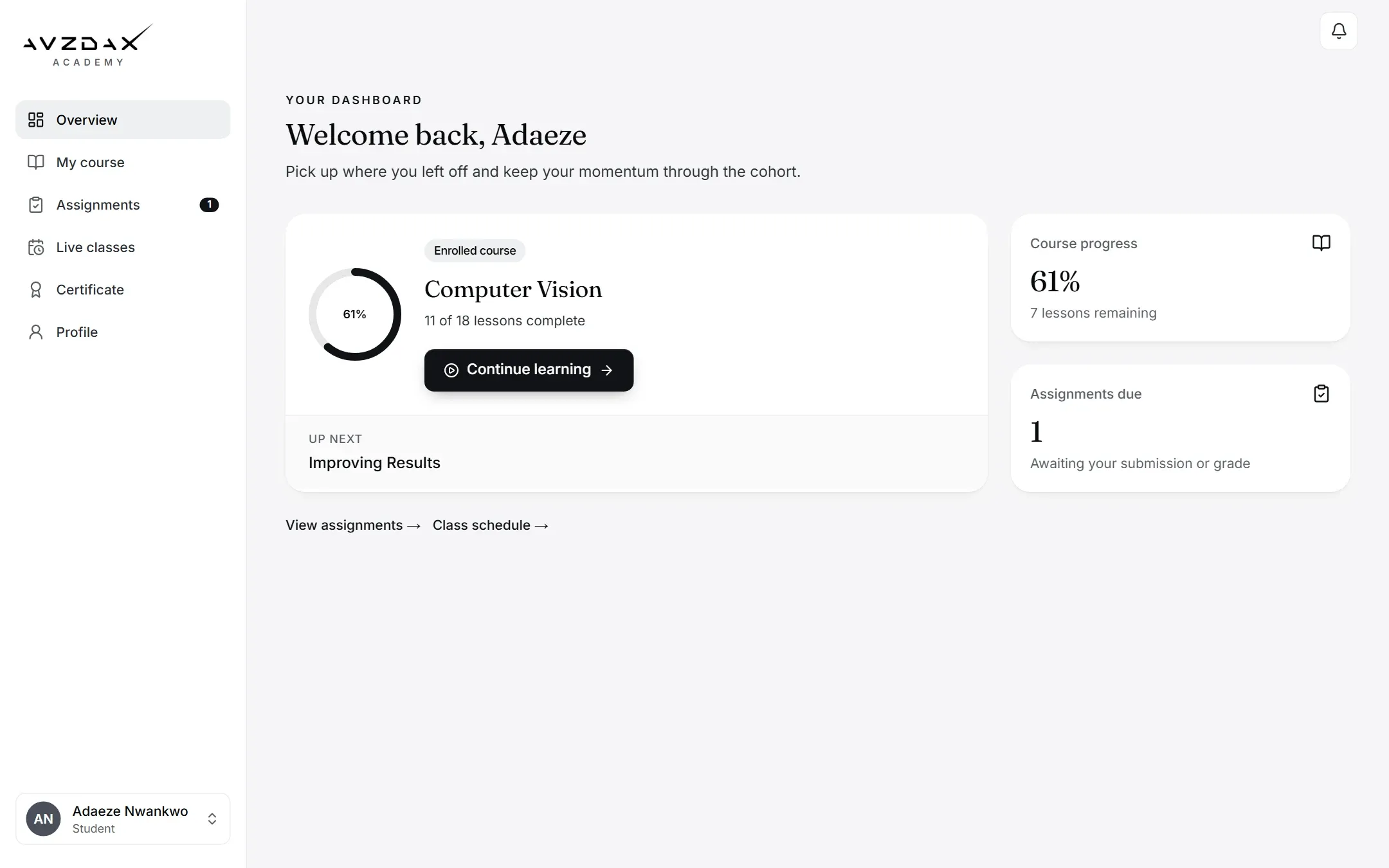 A student’s dashboard with course progress