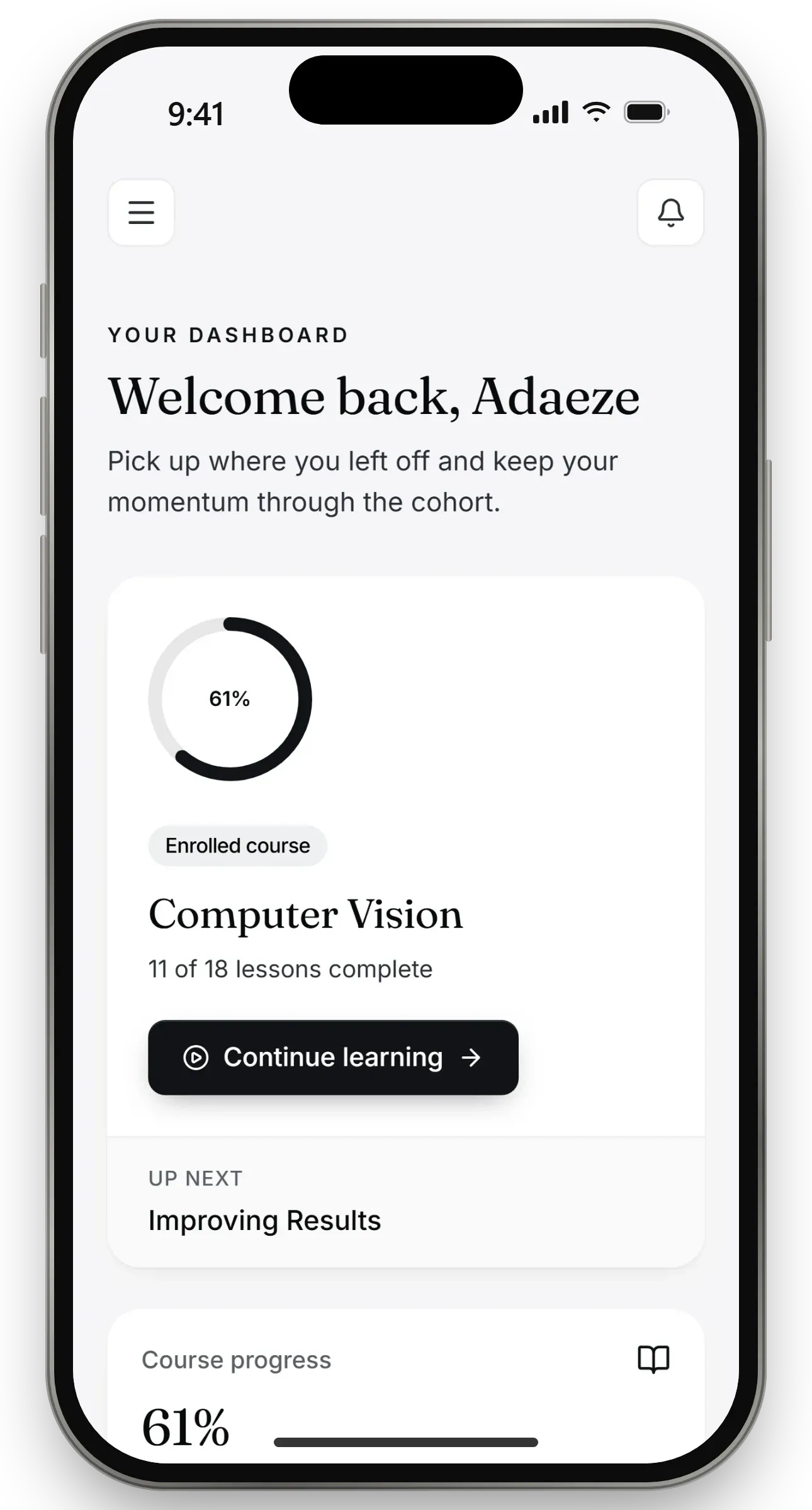 Student dashboard on a phone